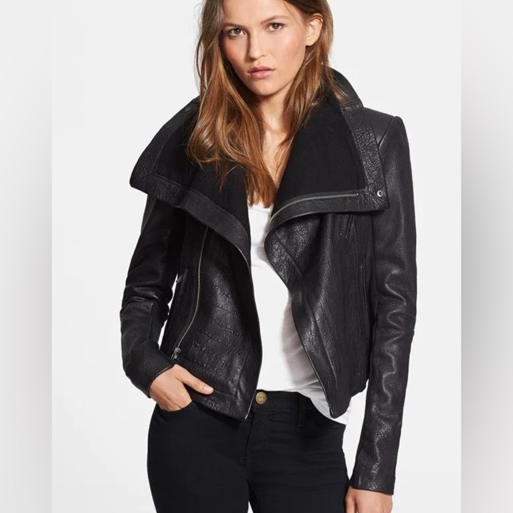 VEDA Max Classic Bubble Lambskin Leather Moto Jacket